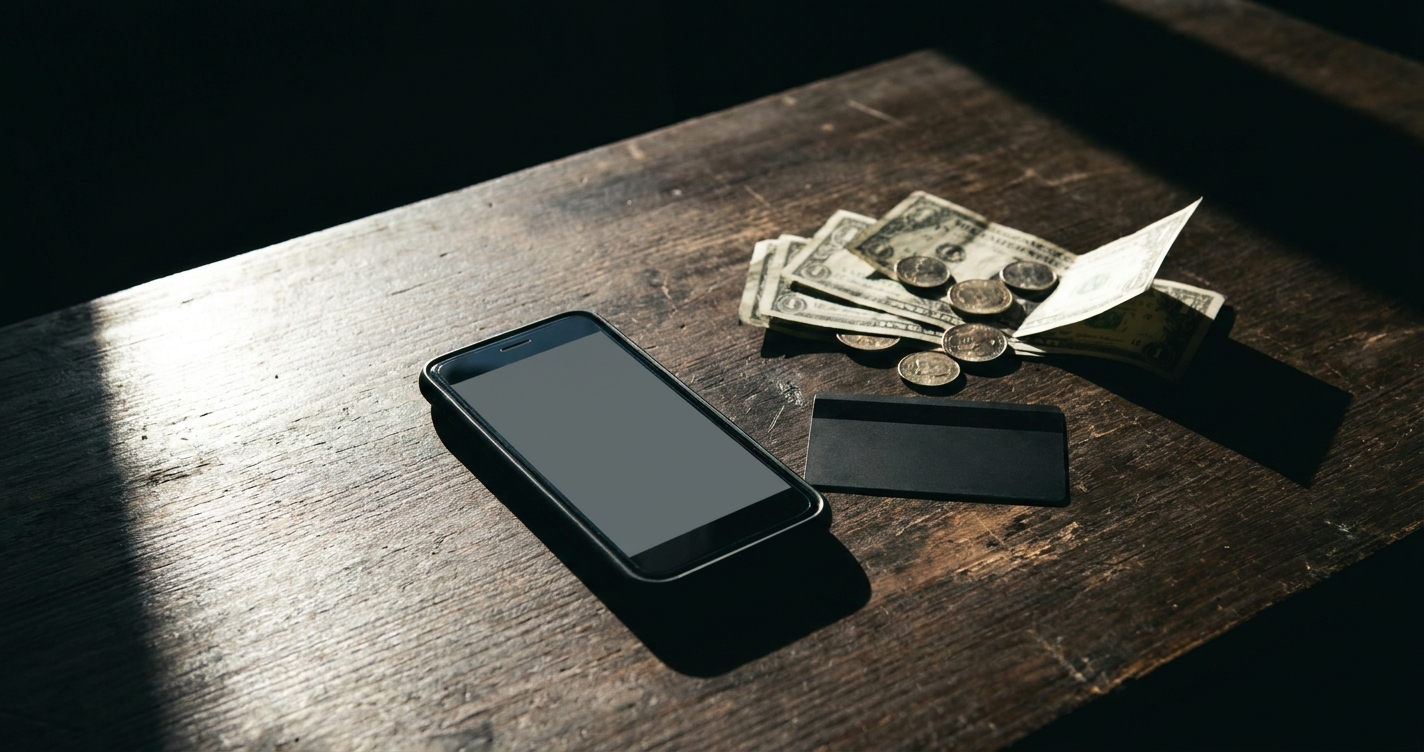 Un teléfono sobre un escritorio oscuro junto a una tarjeta bancaria y dinero en efectivo, con luz desde la izquierda