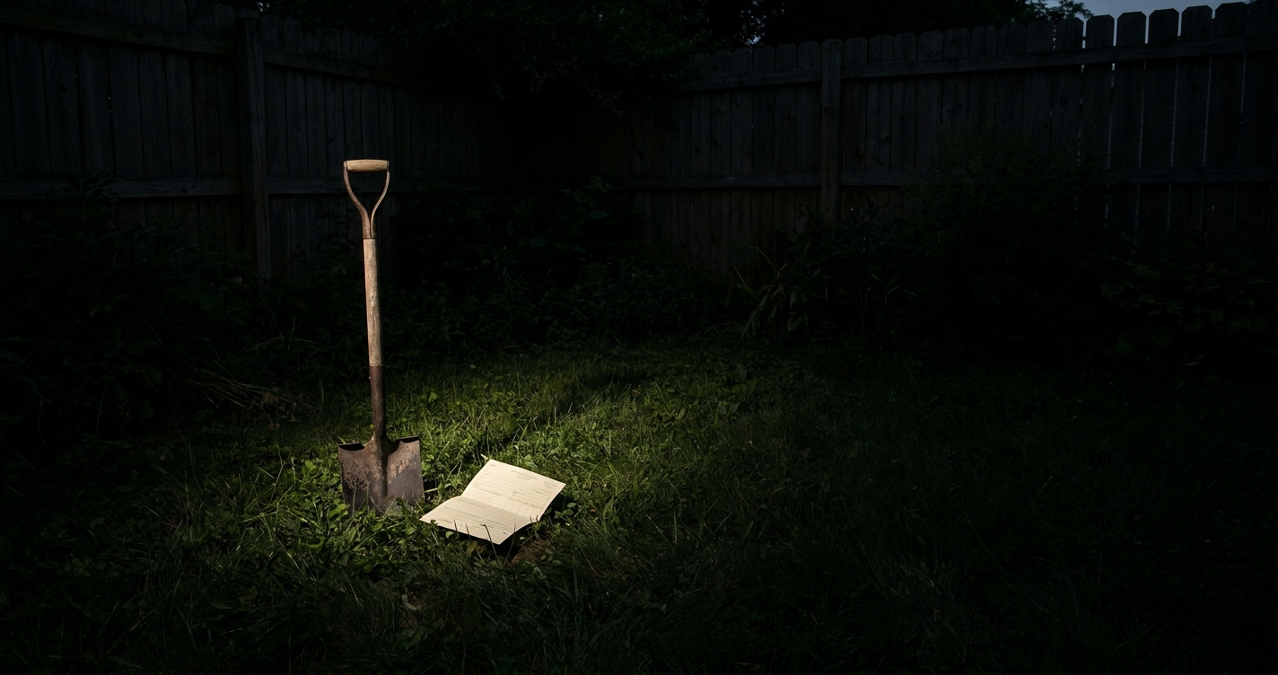Una pala parada en un rincón vacío de un patio al atardecer junto a un formulario doblado, con luz desde la izquierda y fondo oscuro
