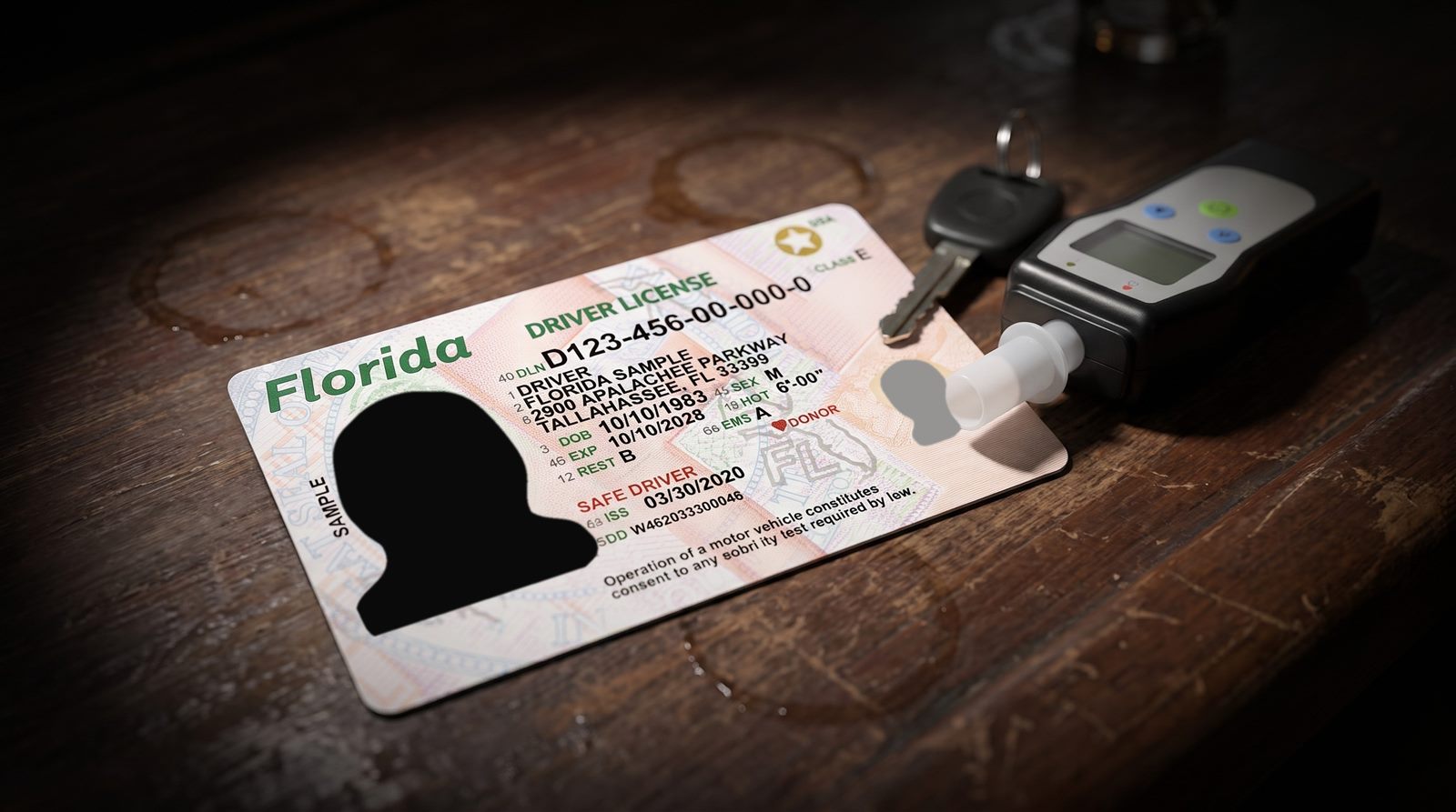 A sample Florida driver license, a car key and a breath-test device on a table