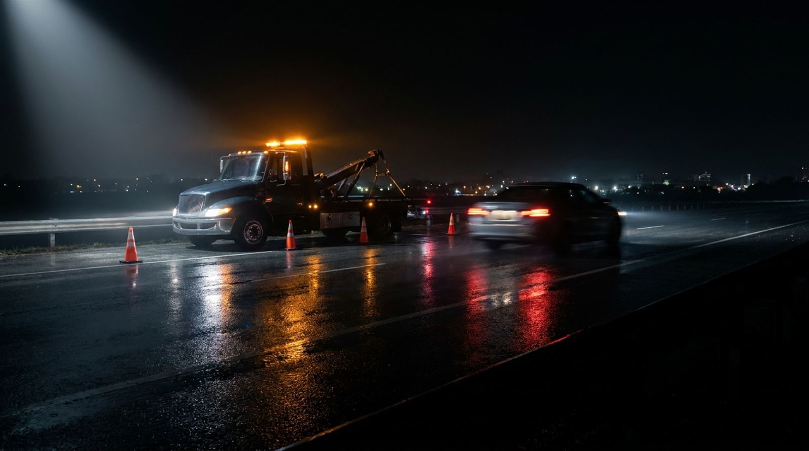 A tow truck with amber lights and traffic cones on a wet highway at night as a car passes