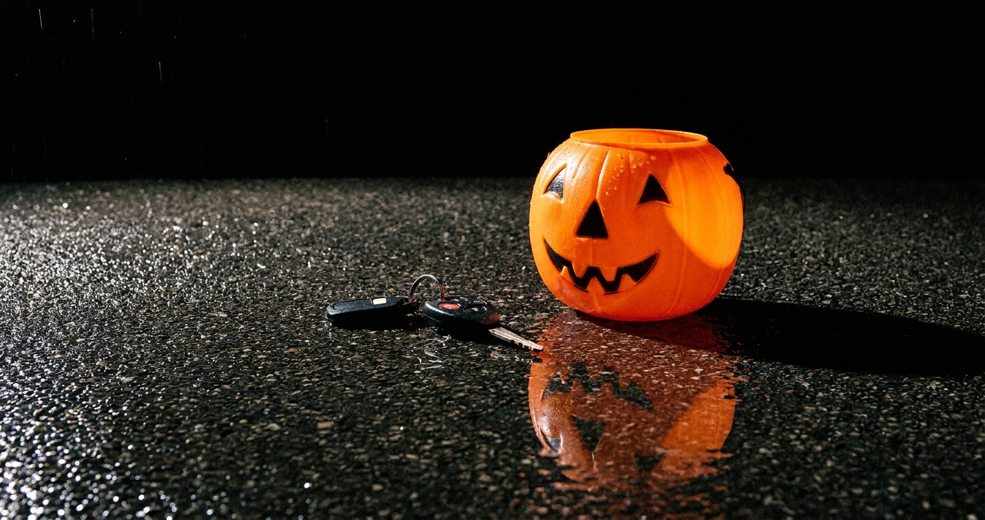 A single car key on a dark wet road beside an unopened plastic pumpkin bucket, black background