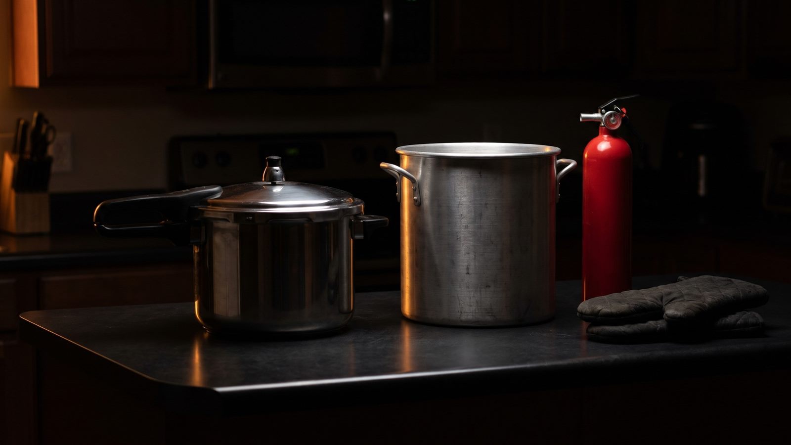 Una olla de presión, una olla grande para freír, un extintor y guantes de cocina sobre un mostrador oscuro