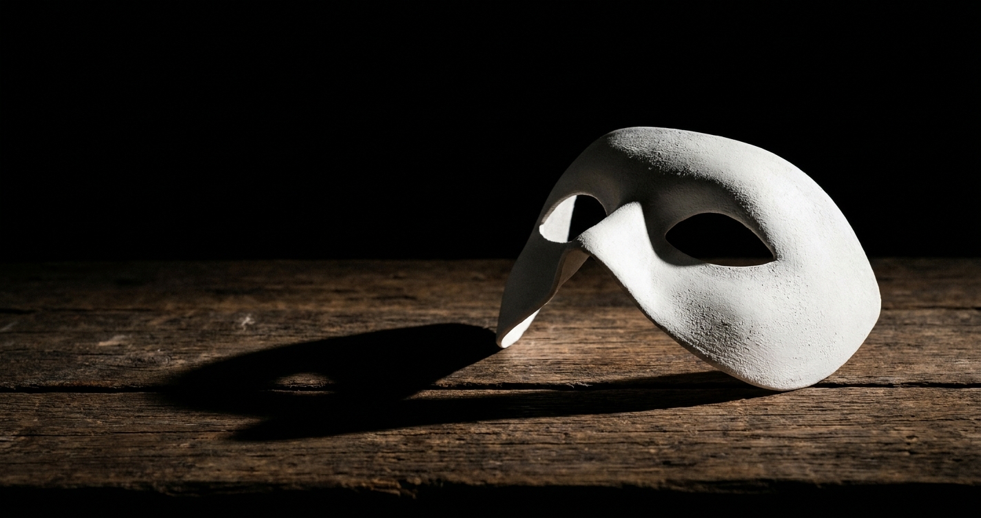 Una máscara teatral blanca sencilla sobre una mesa de madera oscura, con fondo negro y una sombra larga