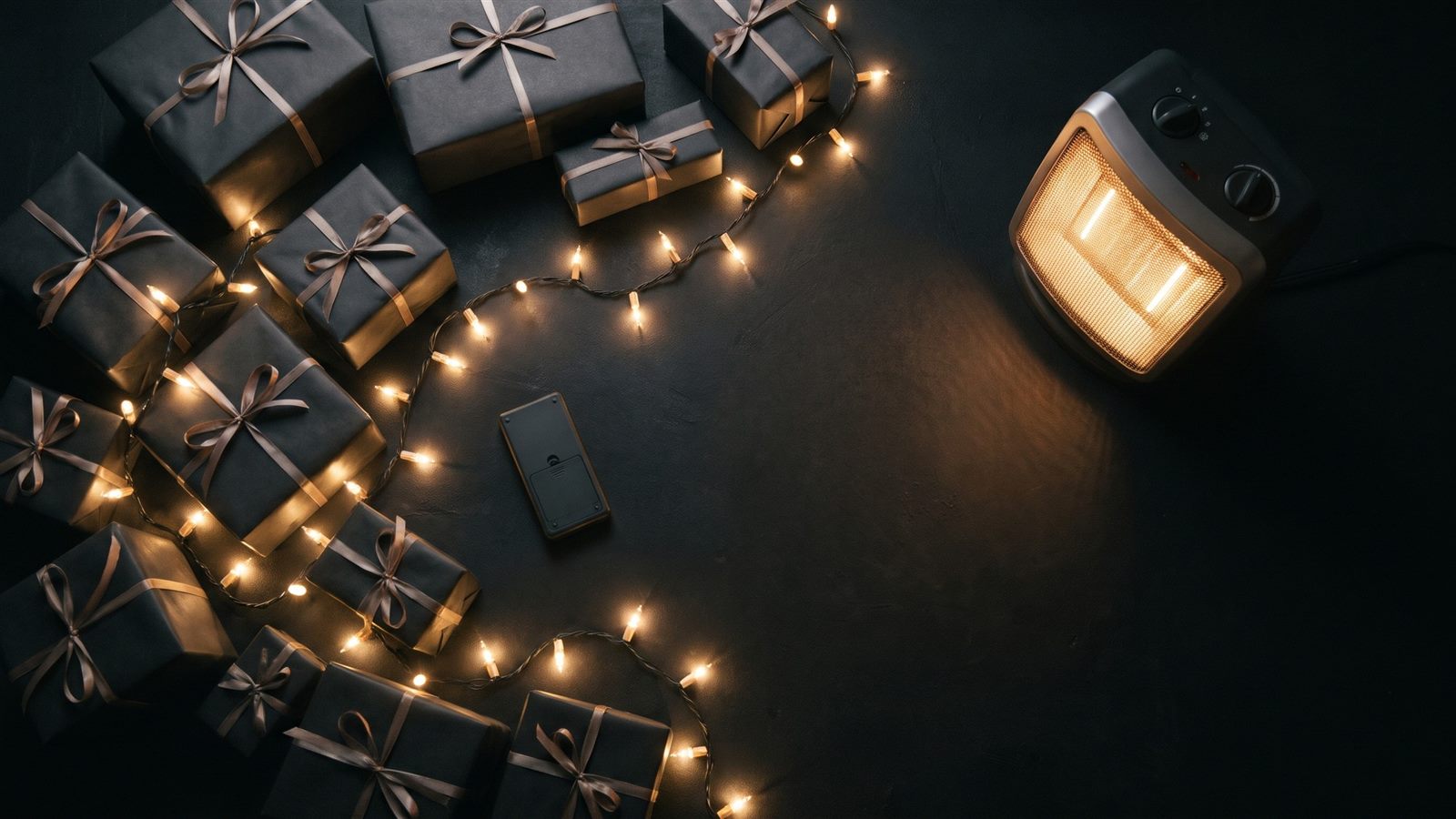 Regalos envueltos, una tira de luces de las fiestas, un control remoto y un calentador eléctrico sobre un piso oscuro